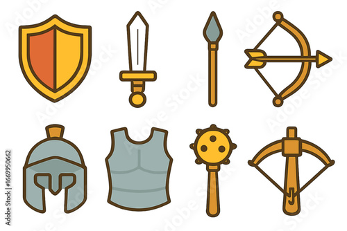 Kids' Defense Icons. Flat vector mini-illustrations defense weapons in colors children's illustrations: shield, sword, spear, bow