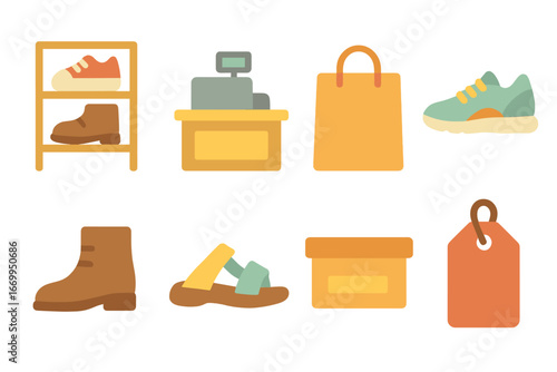 Kids' Shoe Shop. Flat vector mini-illustrations shoe shop in colors children's illustrations: shoe display shelf, cashier counter,