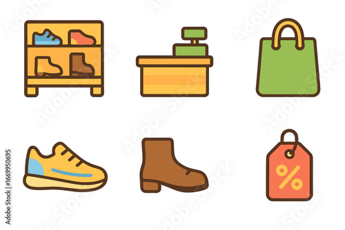 Kids' Shoe Shop. Flat vector mini-illustrations shoe shop in colors children's illustrations: shoe display shelf, cashier counter,