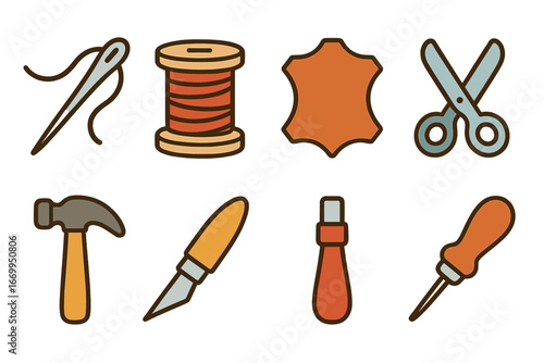 Leather Crafting Icons. Flat vector mini-illustrations leather crafting in colors children's illustrations: stitching needle,