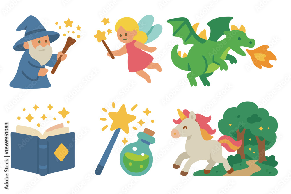 Fototapeta premium Magical Adventures Icons. Flat vector mini-illustrations magic adventures in colors children's illustrations: wizard casting spell