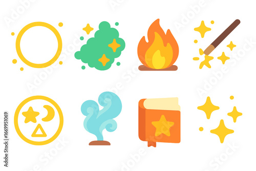 Magic Spells Icons. Flat vector mini-illustrations magic spells in colors children's illustrations: glowing circle, sparkling dust