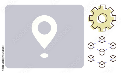 Location marker, gear, and interconnected blocks represent navigation, technology, blockchain, and innovation. Ideal for logistics, decentralization, team coordination tech solutions blockchain