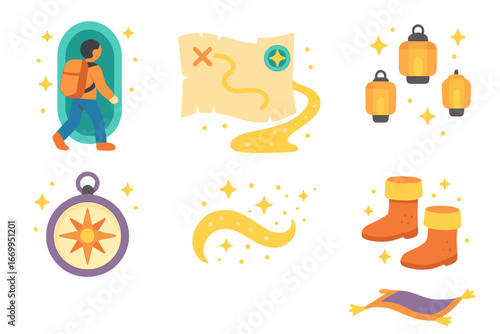 Magical Journey Icons. Flat vector mini-illustrations teleportation journey in colors children's illustrations: traveler stepping