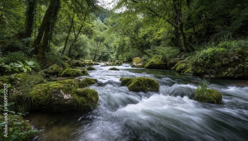 A tranquil forest stream flows over mossy rocks, bathed in soft light.