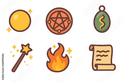 Magical Spell Icons. Flat vector mini-illustrations magical spells in colors children's illustrations: glowing orb, spell circle,