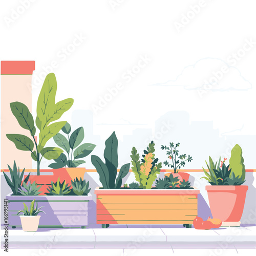 Balcony decorated with potted green plants