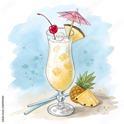 watercolor cocktail with cherry, pineapple, umbrella clip art preview