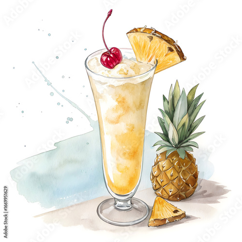 watercolor pineapple cocktail with cherry and pineapple slice clip art preview