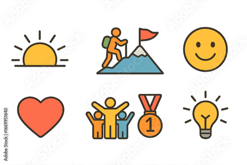 Motivation Icons Grid. Flat vector mini-illustrations motivation and resilience in colors children's illustrations: rising sun,