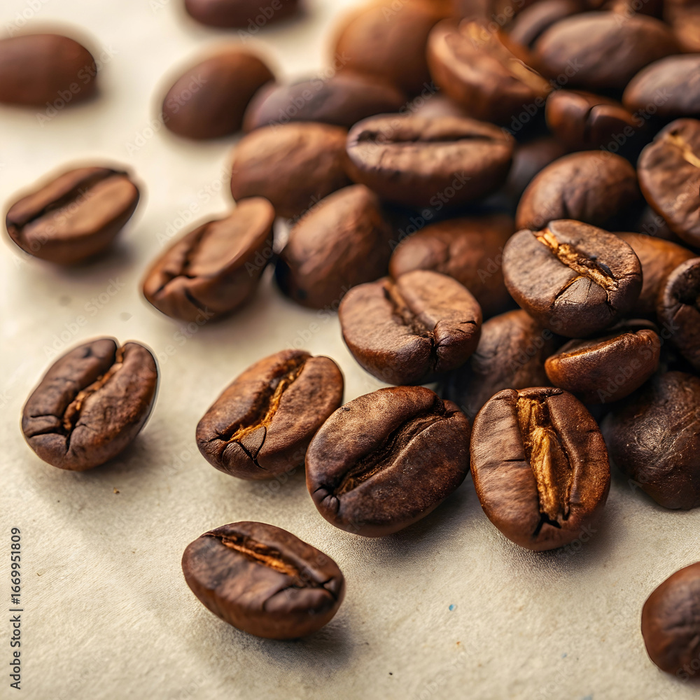 Obraz premium Roasted coffee beans in air brown coffee beans aromatic coffee beans closeup co