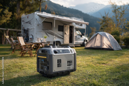 Portable power generator supplying energy for camping, with camper van and tent in the background, showcasing off-grid power solutions