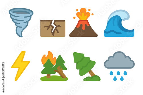 Natural Disasters Icons. Flat vector mini-illustrations natural disaster in colors children's illustrations: tornado, earthquake
