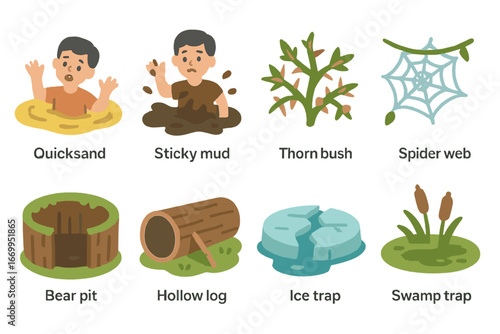 Nature Trap Icons. Flat vector mini-illustrations natural traps in colors children's illustrations: quicksand, sticky mud, thorn