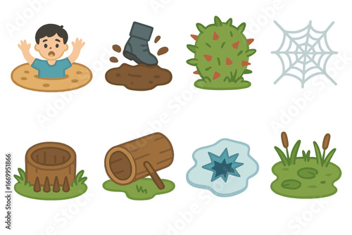 Nature Trap Icons. Flat vector mini-illustrations natural traps in colors children's illustrations: quicksand, sticky mud, thorn