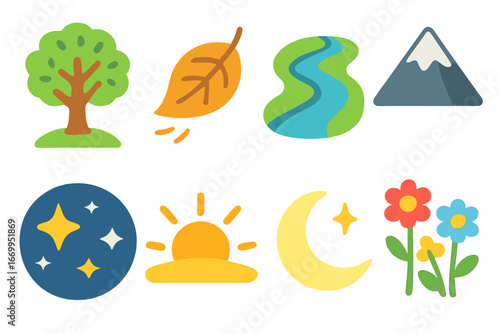Nature's Elements Icons. Flat vector mini-illustrations fate and nature in colors children's illustrations: tree of life, falling