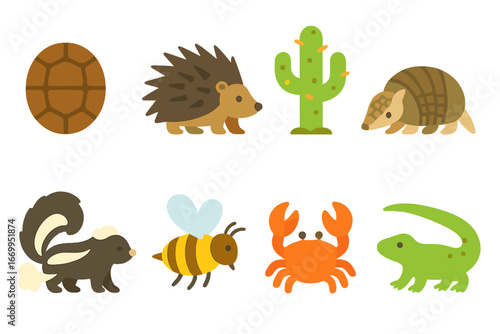 Nature's Defense Icons. Flat vector mini-illustrations natural defense mechanisms in colors children's illustrations: turtle shell