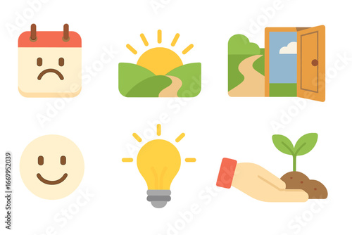New Beginnings Icons. Flat vector mini-illustrations ruined plans and new beginnings in colors children's illustrations: fresh