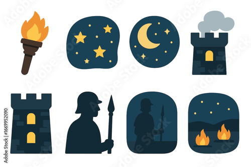 Nighttime Rampart Icons. Flat vector mini-illustrations rampart nighttime in colors children's illustrations: torchlight, starry