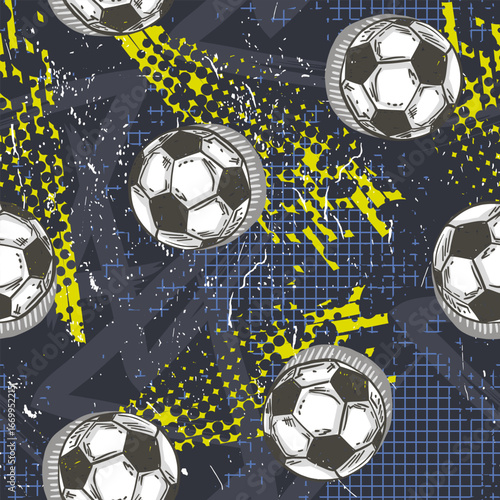 Abstract seamless pattern for boys. Football pattern. Grunge urban pattern with football ball. Sport wallpaper on black background with white and blue and green. Repeated sport pattern.