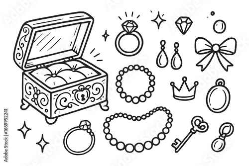 Ornate Jewelry Box Doodle. Hand-drawn doodle illustration vintage jewelry box ornate box, ring, necklace, earrings, bracelet,