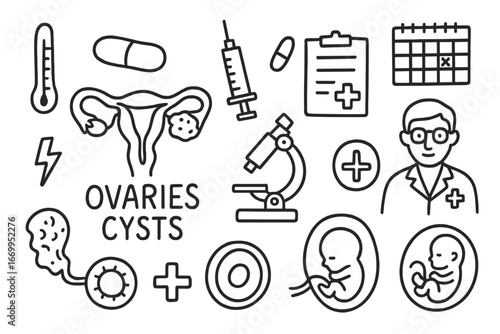 Ovary Health Illustrations. Hand-drawn doodle illustration ovaries cysts ovaries, cyst, syringe, pill, thermometer, clipboard,