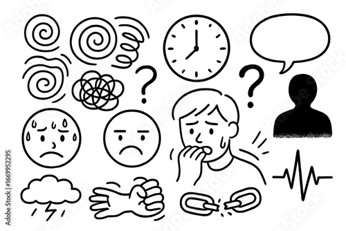 Overthinking Doodle Icons. Hand-drawn doodle illustration overthinking spirals, swirling lines, clock, question mark, tangled rope