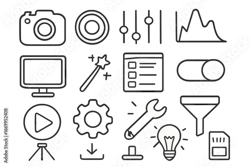 Photography Tools Doodles. Hand-drawn doodle illustration camera preset camera lens, sliders, histogram, computer screen, magic