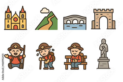 Pilgrimage Icons for Kids. Flat vector mini-illustrations famous pilgrimage sites in colors children's illustrations: cathedral,