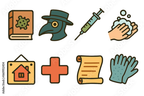 Plague Prevention Icons. Flat vector mini-illustrations plague history and prevention in colors children's illustrations: old