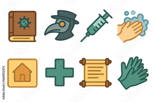 Plague Prevention Icons. Flat vector mini-illustrations plague history and prevention in colors children's illustrations: old