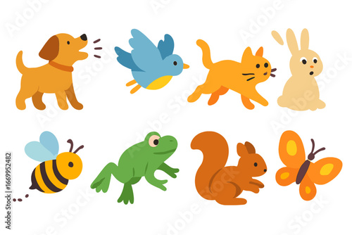 Playful Animal Icons. Flat vector mini-illustrations chaotic animals in colors children's illustrations: barking dog, flapping