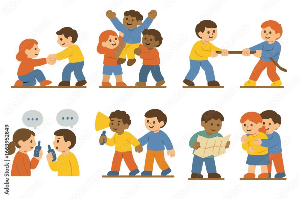 Fototapeta premium Rescue Teamwork Icons. Flat vector mini-illustrations rescue teamwork in colors children's illustrations: helping hand, group