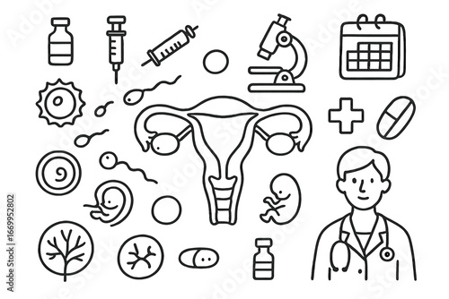 Reproductive System Doodles. Hand-drawn doodle illustration fallopian tubes anatomy fallopian tubes, ovaries, uterus, egg cell,