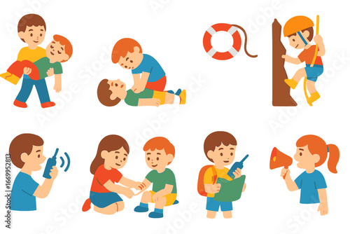 Rescue Action Icons. Flat vector mini-illustrations rescue actions in colors children's illustrations: carrying injured person,