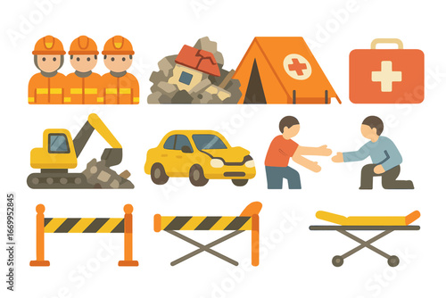 Rescue Team Icons. Flat vector mini-illustrations collapse aftermath in colors children's illustrations: rescue team, rubble