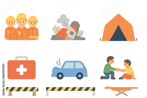 Rescue Team Icons. Flat vector mini-illustrations collapse aftermath in colors children's illustrations: rescue team, rubble
