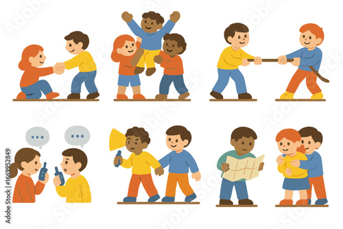 Rescue Teamwork Icons. Flat vector mini-illustrations rescue teamwork in colors children's illustrations: helping hand, group