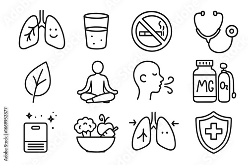 Respiratory Health Doodles. Hand-drawn doodle illustration respiratory health lungs, water glass, no smoking sign, stethoscope,