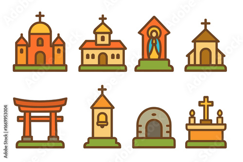 Sacred Architecture Icons. Flat vector mini-illustrations sacred architecture in colors children's illustrations: cathedral,