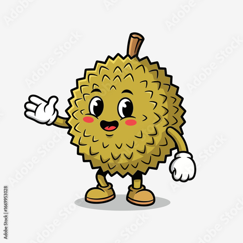 A cheerful cartoon durian character with a friendly smile and a welcoming hand gesture.