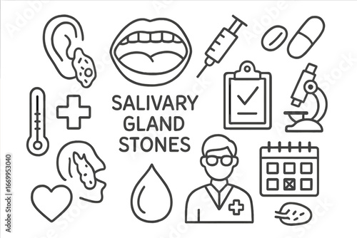 Salivary Gland Icons. Hand-drawn doodle illustration salivary glands stones salivary gland, stone, syringe, pill, microscope,
