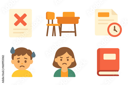 School Troubles Icons. Flat vector mini-illustrations bad news in school in colors children's illustrations: test with red X,