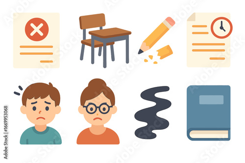 School Troubles Icons. Flat vector mini-illustrations bad news in school in colors children's illustrations: test with red X,