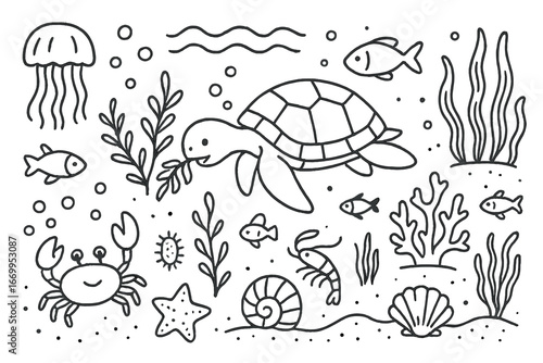 Sea Turtle Doodle. Hand-drawn doodle illustration Sea turtle feeding sea turtle, algae, jellyfish, seaweed, fish, shell, coral,