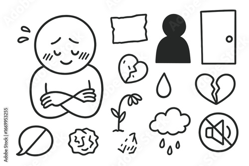 Self-Conscious Emotions Icons. Hand-drawn doodle illustration self-consciousness shy smile, blushing cheeks, downcast eyes,