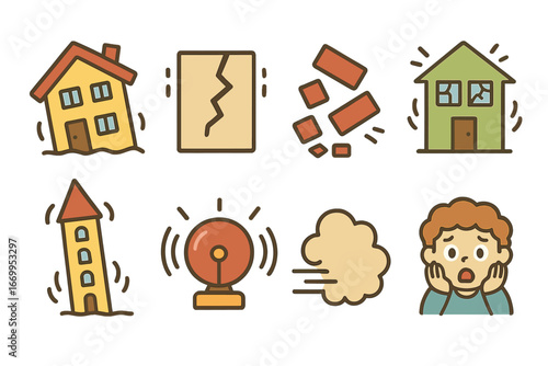 Shaky Building Icons. Flat vector mini-illustrations shaking buildings in colors children's illustrations: tilted house, cracked
