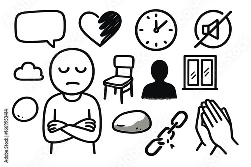 Silent Symbols Doodle. Hand-drawn doodle illustration unresponsiveness blank face, closed eyes, muted lips, crossed arms, empty