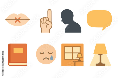 Silent Emotions Icons. Flat vector mini-illustrations guilt and silence in colors children's illustrations: closed mouth, finger