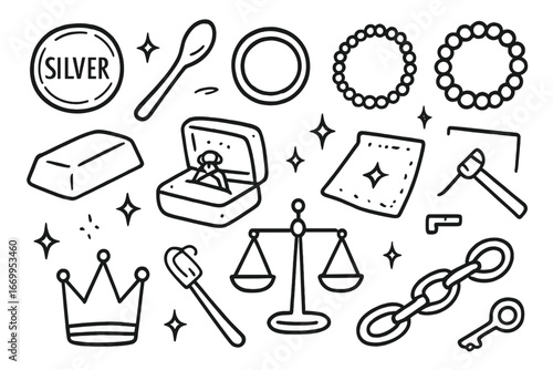Silver Treasure Doodles. Hand-drawn doodle illustration silver metal silver coin, spoon, ring, necklace, bracelet, ingot, jewelry